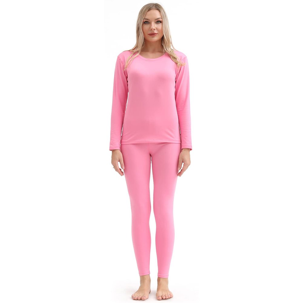 PISIQI Thermal Underwear Women Ultra-Soft Long Johns Set Base Layer Skiing Winter Warm Top & Bottom (Large, Pink)