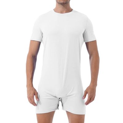 ACSUSS Men's Round Neck Leotard Bodysuit Workout Fitness Biketard Unitard Shorts Jumpsuit Shapewear White Medium
