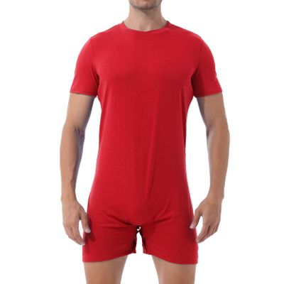 ACSUSS Men's Round Neck Leotard Bodysuit Workout Fitness Biketard Unitard Shorts Jumpsuit Shapewear Red XX-Large