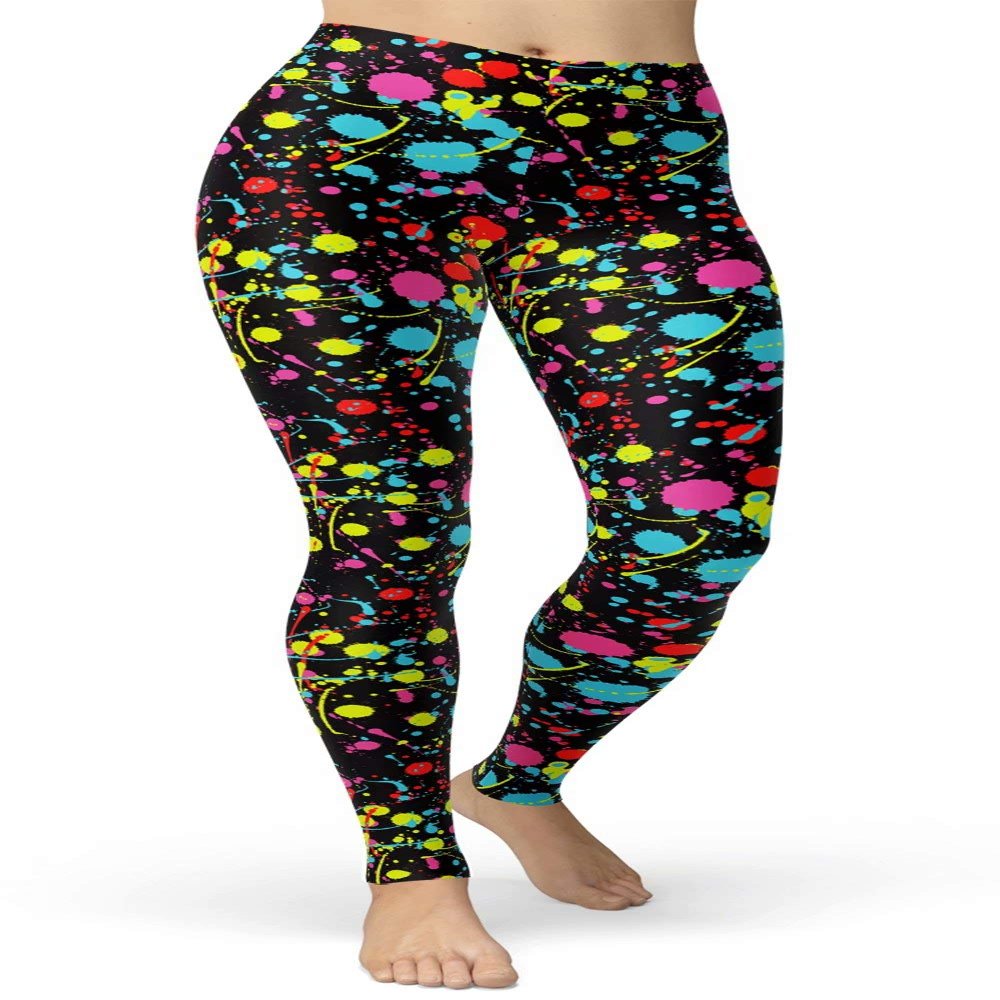 sissycos Women's 80s Leggings Artistic Splash Printed Buttery Soft Stretchy Pants (Small, Neon Splash)