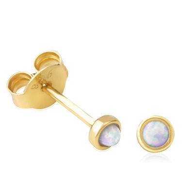 18K Yellow Gold Plated Sterling Silver White Opal Round Stud Earrings for Women - 3.2MM Artificial White Opal, Bezel Setting - Made of Real Sterling Silver