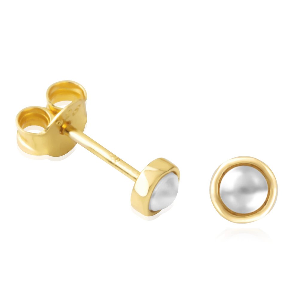 18K Yellow Gold Plated Sterling Silver Crystal Pearl Round Stud Earrings for Women - 4MM White Crystal Pearl, Bezel Setting - Made of Real Sterling Silver