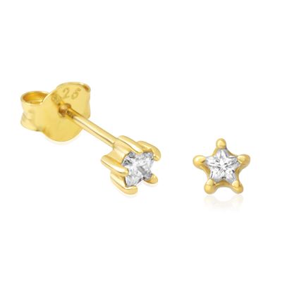 18K Yellow Gold Plated Sterling Silver CZ Star Stud Earrings for Women - 3.5MM Star Shaped Cubic Zirconia - Made of Real Sterling Silver, 18K Gold Plated