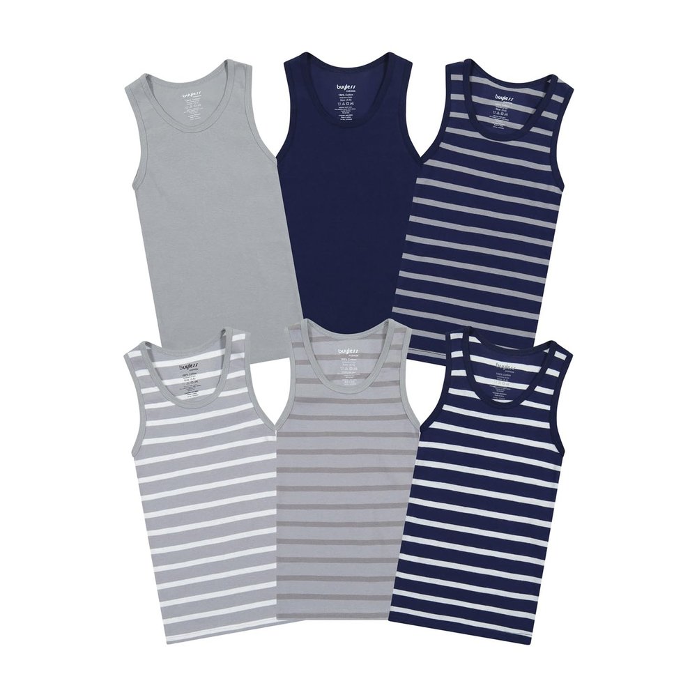Buyless Fashion Boys Scoop Neck Tagless Undershirts Soft Cotton Tank Top (6 Pack) 6-7 Stripes