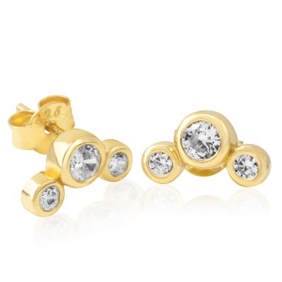 18K Yellow Gold Plated Sterling Silver CZ Tristone Stud Earrings for Women - Round Cubic Zirconia in Tri-stone Pattern, Bezel Setting - Real Sterling Silver