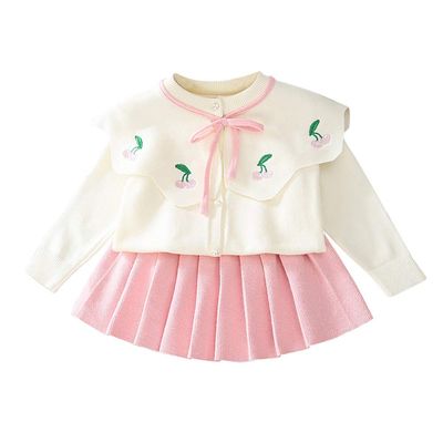 Toddler Kids Baby Girls Knit Sweater Dress Ruffle Long Sleeve Cherry Print Sweater Top + Tutu Skirt Princess Casual Birthday Party Dresses Fall Winter Outfit Clothes 2PCS Set Pink Cherry 4-5 Years