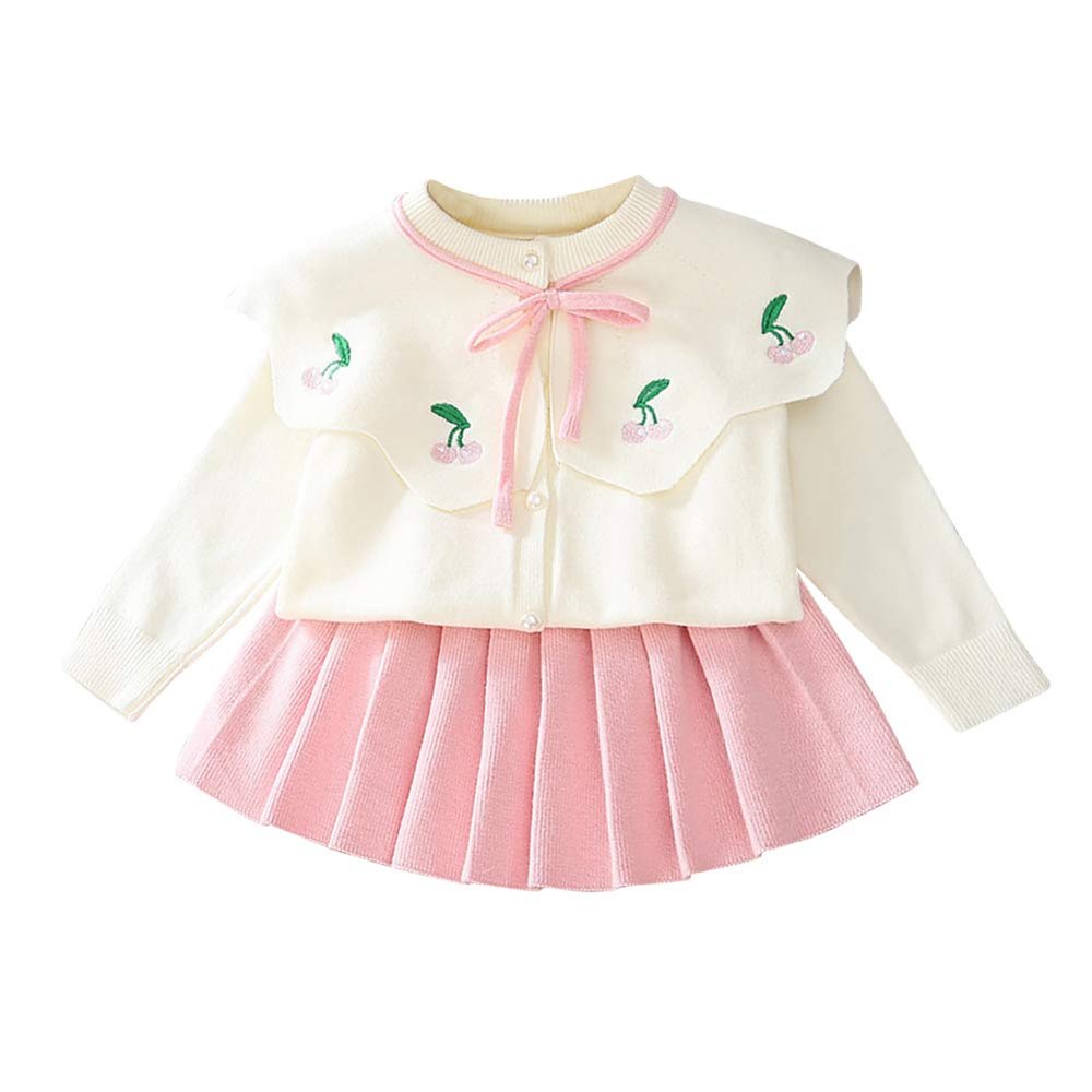Toddler Kids Baby Girls Knit Sweater Dress Ruffle Long Sleeve Cherry Print Sweater Top + Tutu Skirt Princess Casual Birthday Party Dresses Fall Winter Outfit Clothes 2PCS Set Pink Cherry 4-5 Years