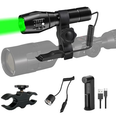 WINDFIRE Green Light LED Flashlight Super Bright Zoomable Waterproof Outdoor Tactical Hunting Flashlight Set with Pressure Switch, Picatiny Mount for Hog Coyote Varmint Hunter