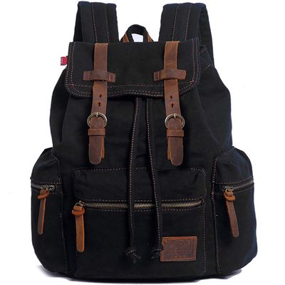 HuaChen Vintage Canvas Travel Backpack with Leather Trim, Laptop Padded Sleeve, Hidden Back Security Pocket, Fits 15-Inch, M32 Black Large