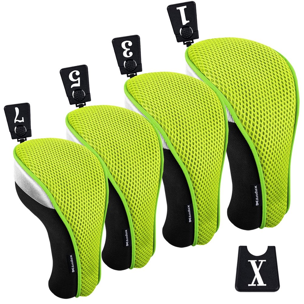 Andux 4pcs/Pack Mesh Golf 460cc Driver Fairway Wood Club Head Covers with Interchangeable No. Tags Green