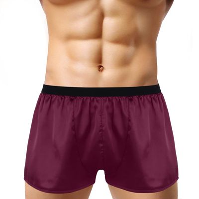 Lejafay Men's Shiny Loose Satin Boxer Shorts Sissy Panties Gay Underwear Short Pants Wine Red Large