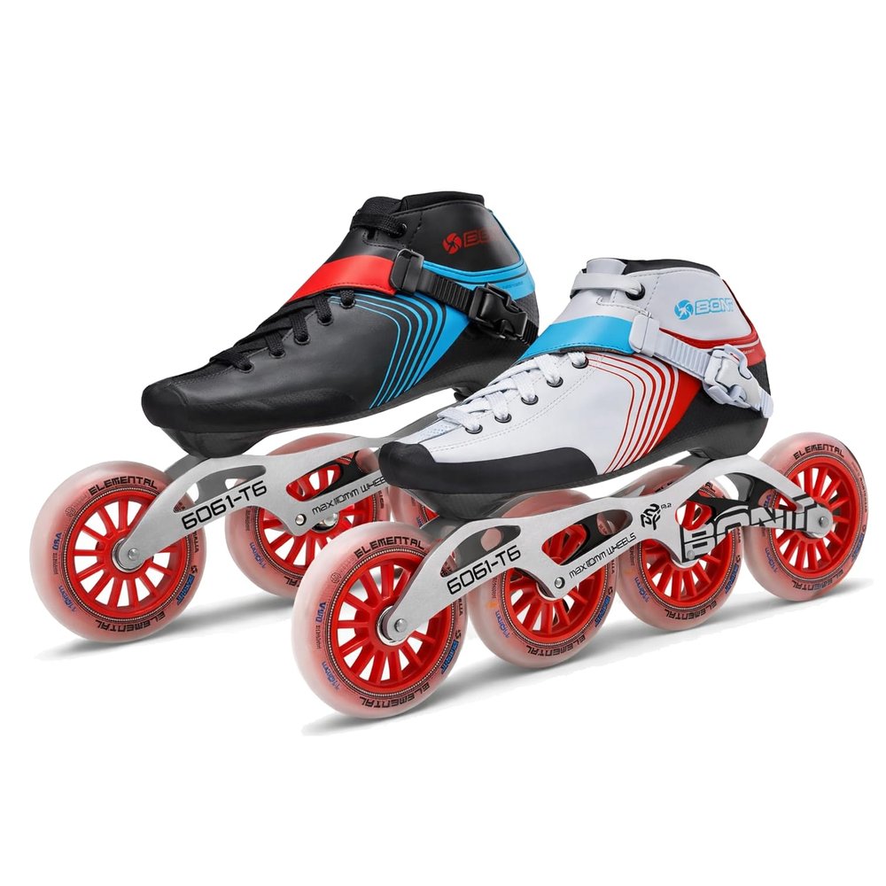 Bont GT4 Inline Speed Skates, Carbon Composite Racing Boots, 6061 T6 Aluminum Frame, Elemental 85A Wheels 100mm 110mm, ABEC5 Bearings (Black/Blue, 4 (100mm))