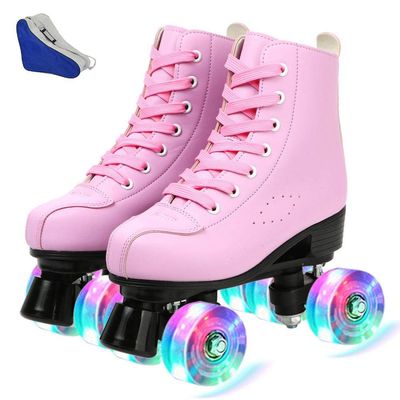 XUDREZ Roller Skates Womens, Shiny High Top PU Leather Classic Double-Row Roller Skates for Women and Men Adjustable Double Row 4 Wheels Indoor Outdoor Roller Skates for Beginner a Shoes Bag