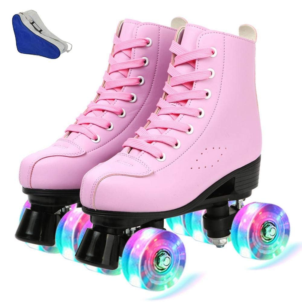 XUDREZ Roller Skates Womens, Shiny High Top PU Leather Classic Double-Row Roller Skates for Women and Men Adjustable Double Row 4 Wheels Indoor Outdoor Roller Skates for Beginner a Shoes Bag