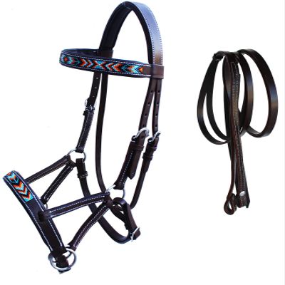 CHALLENGER Horse Western Leather Tack Beaded Bitless Sidepull Bridle Reins Brown 77RS22BR