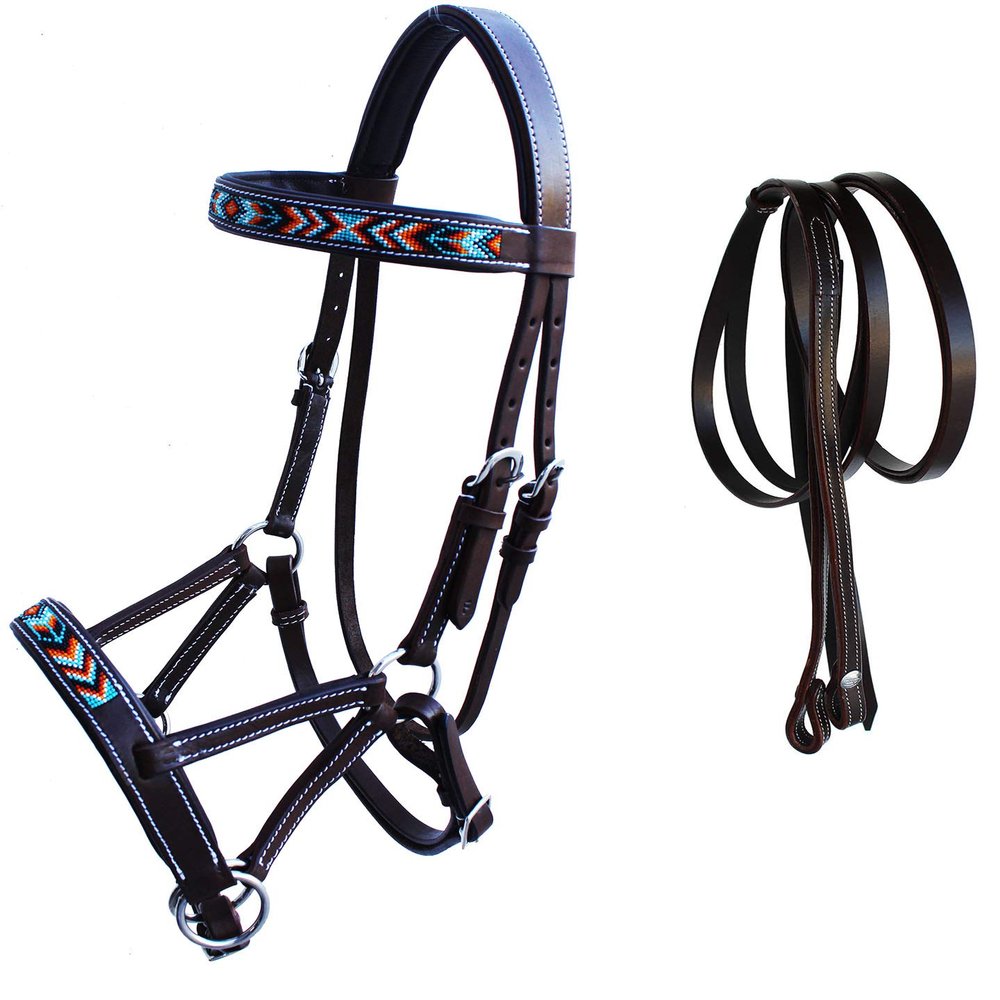 CHALLENGER Horse Western Leather Tack Beaded Bitless Sidepull Bridle Reins Brown 77RS22BR