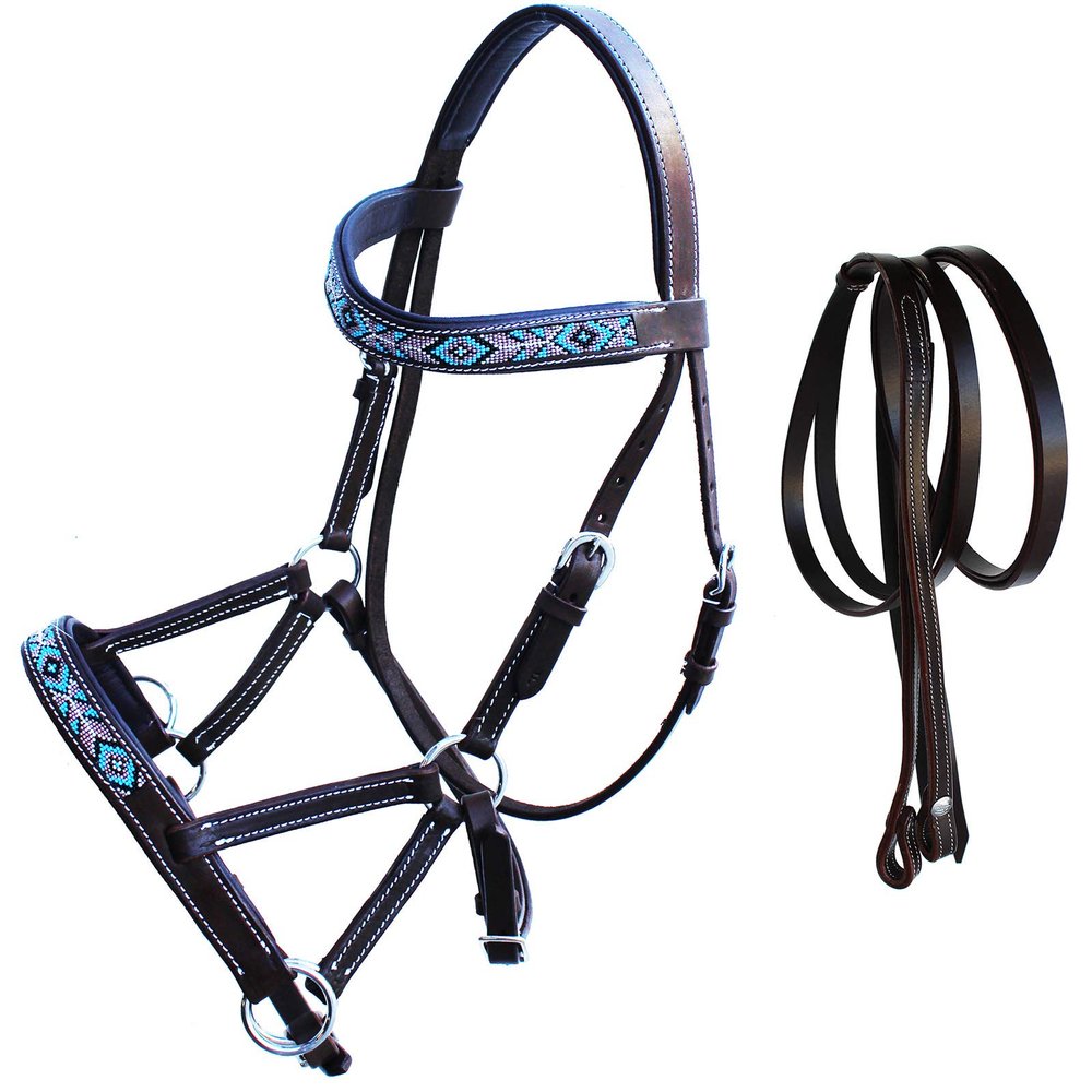 CHALLENGER Horse Western Leather Tack Beaded Bitless Sidepull Bridle Reins Brown 77RS20BR