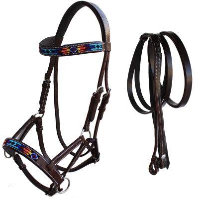CHALLENGER Horse Western Leather Tack Beaded Bitless Sidepull Bridle Reins Brown 77RS16BR