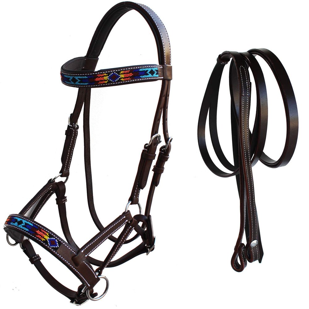 CHALLENGER Horse Western Leather Tack Beaded Bitless Sidepull Bridle Reins Brown 77RS16BR