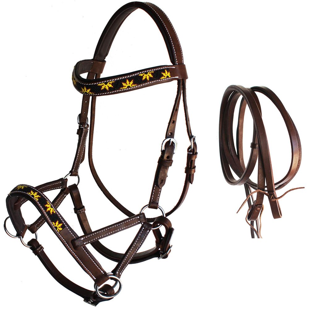 CHALLENGER Horse Western Leather Tack Beaded Bitless Sidepull Bridle Reins Brown 77RS24BR