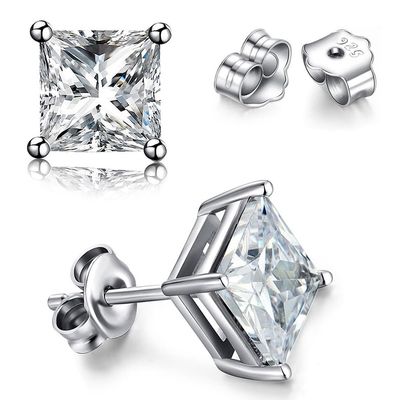 TTVOVO 925 Sterling Silver Stud Earrings Princess Cut Cubic Zirconia Sparkling Simulated CZ Diamond Earrings for Women Men Square 4 Prong Ear Studs Piercing Earrings Hypoallergenic Jewelry Gifts, 6MM
