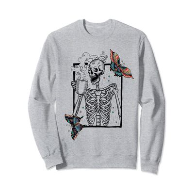 Vintage Butterfly Skeleton Smiling Skull drinking Coffee Sweatshirt