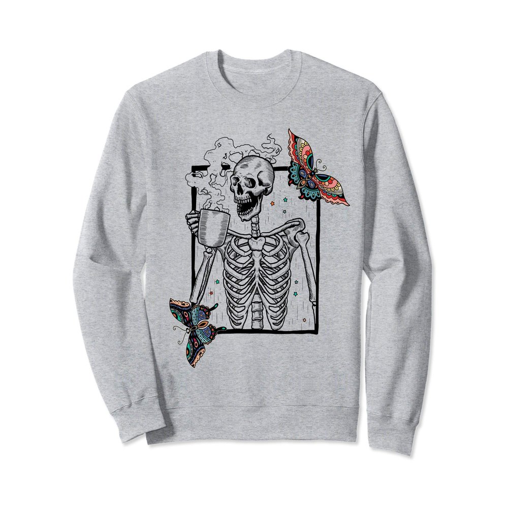 Vintage Butterfly Skeleton Smiling Skull drinking Coffee Sweatshirt