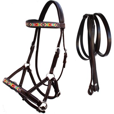 CHALLENGER Horse Western Leather Tack Beaded Bitless Sidepull Bridle Reins Brown 77RS23BR