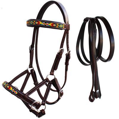 CHALLENGER Horse Western Leather Tack Beaded Bitless Sidepull Bridle Reins Brown 77RS19BR