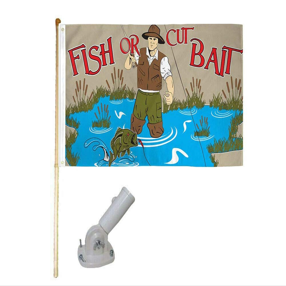 American Wholesale Superstore 5' Wood Flag Pole Kit Nylon White Bracket 3x5 Fish Or Cut Bait Fishing Poly Flag
