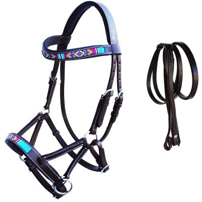 CHALLENGER Horse Western Leather Tack Beaded Bitless Sidepull Bridle Reins Brown 77RS15BR
