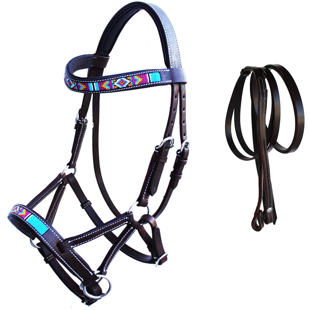 CHALLENGER Horse Western Leather Tack Beaded Bitless Sidepull Bridle Reins Brown 77RS15BR