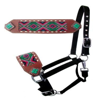 Showman Bronc Halter w/Green & Pink Navajo Beaded Design