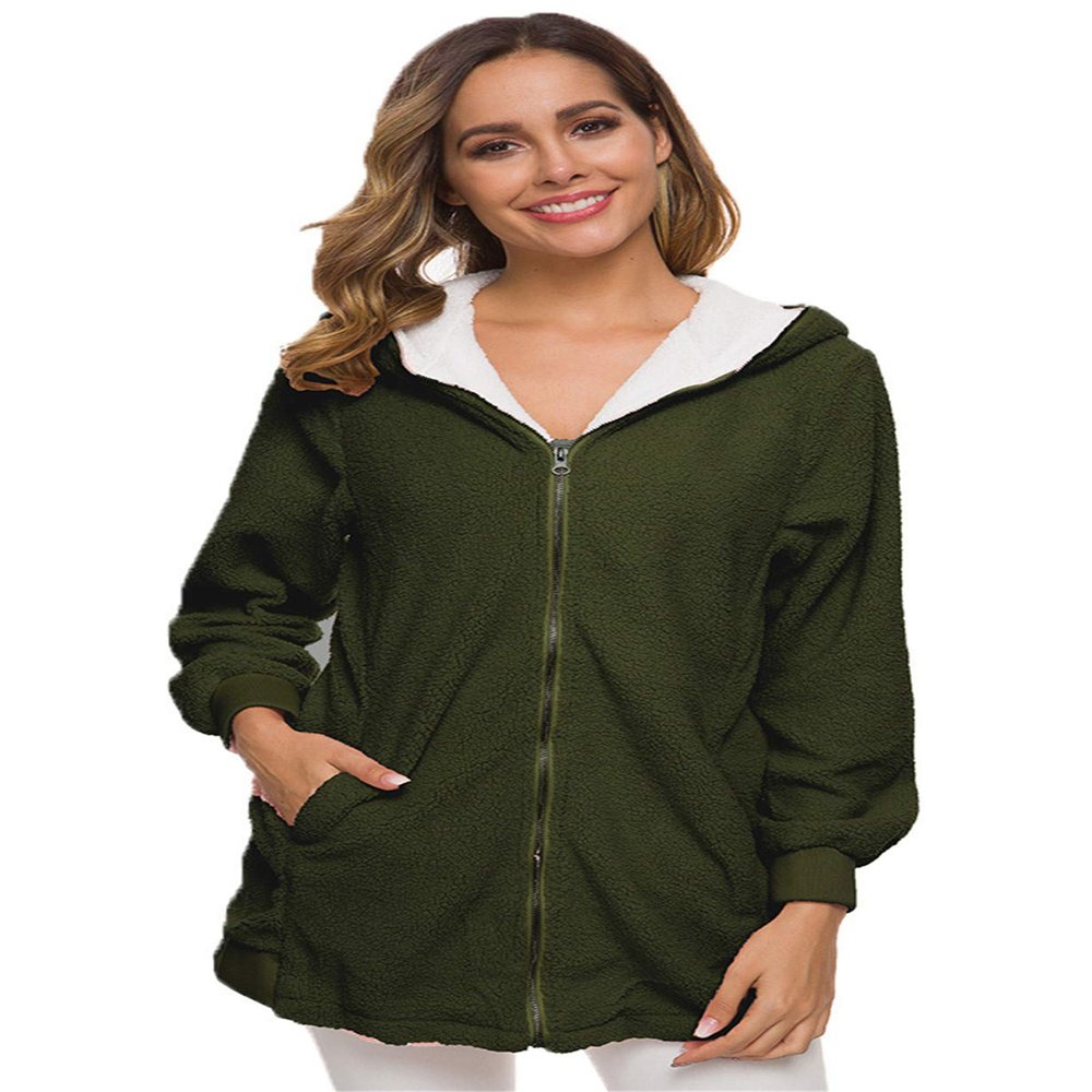 Andongnywell Women Plus Size Winter Warm Hoodie Coat Wool Zipper Cotton Outwear Lamb Wool Hooded Cardigan Jacket (Army Green,M)
