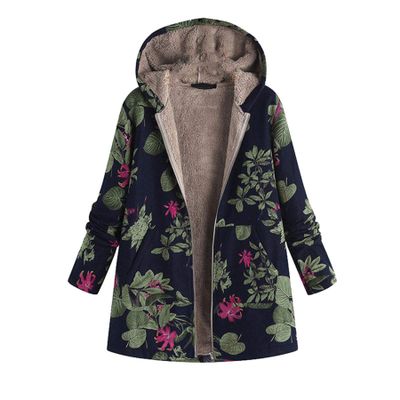 Andongnywell Women Winter Warm Outwear Print Hooded Pockets Vintage Oversize Coats Casual Floral Print Zip Jacket (Green,XX-Large)