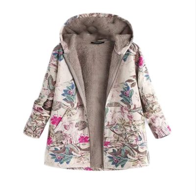 Andongnywell Women Winter Warm Outwear Print Hooded Pockets Vintage Oversize Coats Casual Floral Print Zip Jacket (Rose Red,4X-Large)