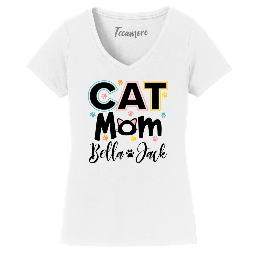 Mothers Day Cat Mom Custom Shirt Women Cute Cat Paw Graphic Cat Lovers V Neck T-Shirt White