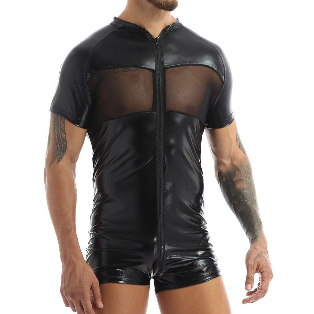 vastwit Men's Shiny Metallic Mesh Patchwork Short Sleeves Leotard Short Bodysuit Jumpsuit Black Large