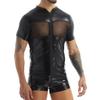 vastwit Men's Shiny Metallic Mesh Patchwork Short Sleeves Leotard Short Bodysuit Jumpsuit Black Large view 1
