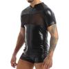 vastwit Men's Shiny Metallic Mesh Patchwork Short Sleeves Leotard Short Bodysuit Jumpsuit Black Large view 2