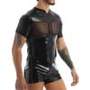vastwit Men's Shiny Metallic Mesh Patchwork Short Sleeves Leotard Short Bodysuit Jumpsuit Black Large view 3