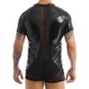 vastwit Men's Shiny Metallic Mesh Patchwork Short Sleeves Leotard Short Bodysuit Jumpsuit Black Large view 4