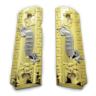 1911 Full Size Grip Panels Gold Nickel Metal Grips with 1911 Banner Ambi Cut Includes Gold Screws Fits Government 1911 Pistols