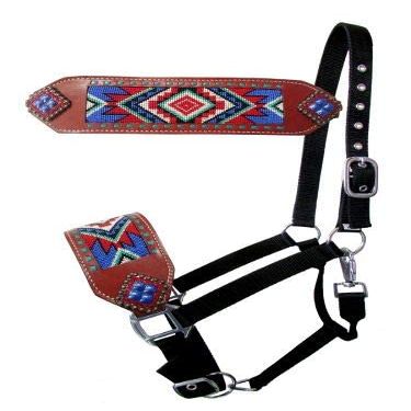 Showman Bronc Halter w/Blue & Red Navajo Beaded Design
