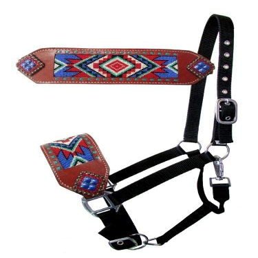 Showman Bronc Halter w/Blue & Red Navajo Beaded Design