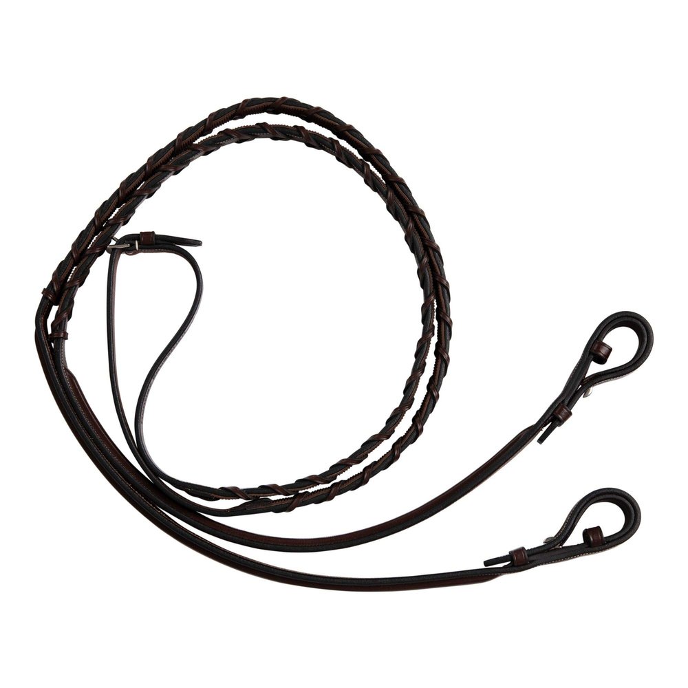 Huntley Equestrian Fancy Stitched Square Rubber Lined Laced Reins Beautiful Fancy Stitching on Square Raised Section - Sedgwick Australian Nut - Full Size