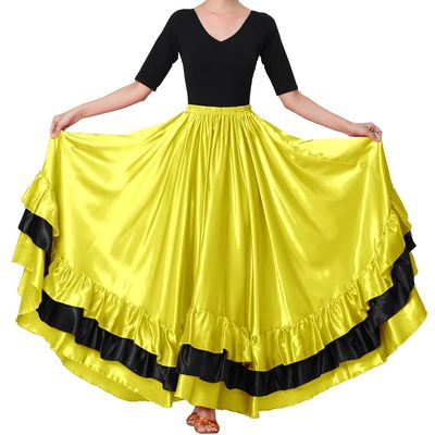 Backgarden Women Black Red Layers Satin Long Skirt for Spanish Flamenco Belly Dance Mexico Ballet Folklorico Performance