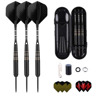 Steel Tip Darts Set for Dartboard, Professional Darts with Metal Tip 23 Grams, Brass Barrel + Black Aluminium Nylon Shafts 9 Flights 50 Rubber O-Rings 12 Spring Rings 1 Dart Sharpener Tool
