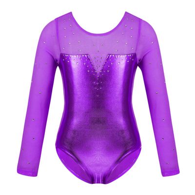 JEEYJOO Kids Girls Long Sleeves Tulle Splice Gymnastics Ballet Dance Leotard Shiny Workout Fitness Bodysuit Purple 4