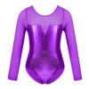JEEYJOO Kids Girls Long Sleeves Tulle Splice Gymnastics Ballet Dance Leotard Shiny Workout Fitness Bodysuit Purple 4 view 1